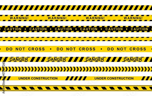 Set of seamless yellow and black warning tapes with text do not cross, warning, caution isolated on white background. Police insulation line, signs of danger. Barricade construction tape. Vector © photoplotnikov