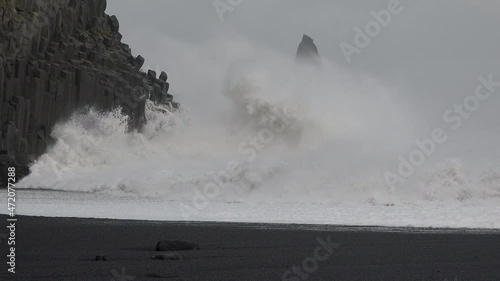 Iceland. Huge waves on the rocky shore