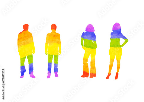 Man and woman silhouettes in PRIDE LGBT rainbow colours on white