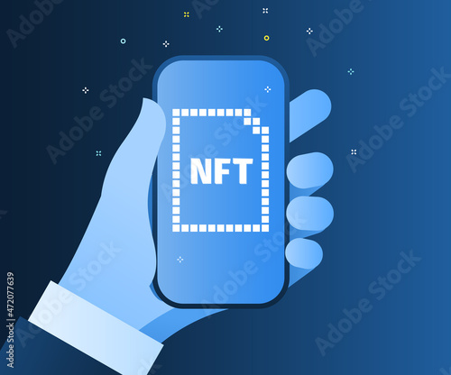 NFT nonfungible token text on screen of the phone on blue background. Pay for unique collectibles in games or art. For banner or news.