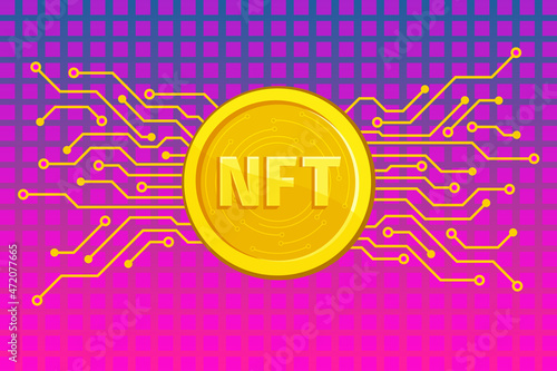 NFT nonfungible token text on golden coin. Pay for unique collectibles in games or art.