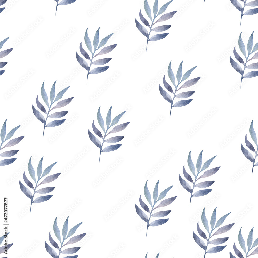 Watercolor blue leaves on a white background. Abstract pattern. Watercolor blue leaves on a white background. Abstract pattern.