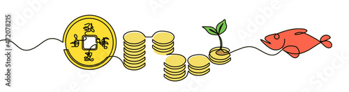 Abstract chinese coin as continuous lines drawing on white background. Vector	