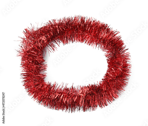 Shiny red tinsel isolated on white  top view