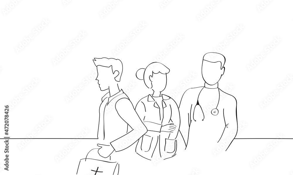 Doctors and nurse talking and discussing isolated on white background. For web site, poster, placard, print material and mobile app. Creative modern drawing concept, vector illustration Doctors and nurse talking and discussing isolated on white background. For web site, poster, placard, print material and mobile app. Creative modern drawing concept, vector illustration