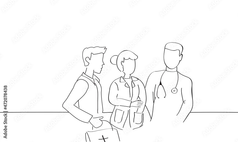 Doctors and nurse talking and discussing isolated on white background. For web site, poster, placard, print material and mobile app. Creative modern drawing concept, vector illustration