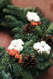 Handmade christmas wreath shot close up.