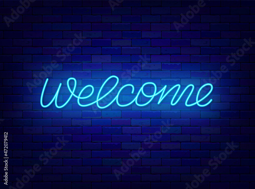 Welcome neon lettering. Shiny invitation calligraphy. Light quote. Online messaging. Vector stock illustration