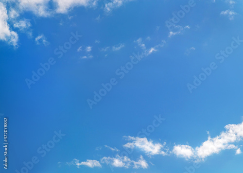 Blue sky with white fluffy cirrus clouds soft focus. Heavenly clouds background summer. Concept of freedom  relaxation  ecology. Copy space. Empty space for message.