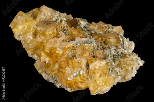 Macro stone Fluorite mineral on black background