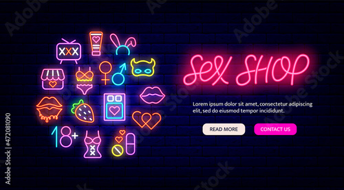 Sex shop neon landing page template. Website for intimate store. Night bright promotion. Vector stock illustration
