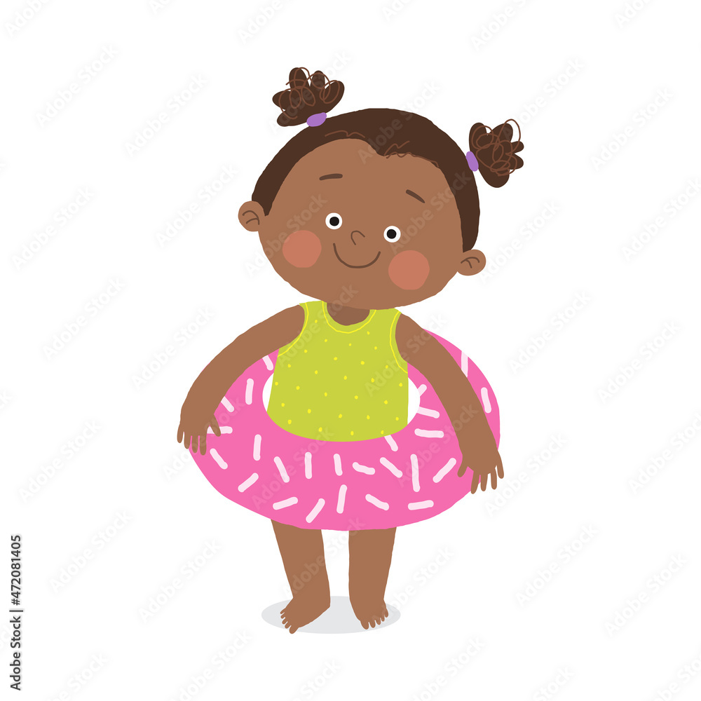 Cute african american girl with inflatable circle. Children activities. Cartoon vector hand drawn eps 10 illustration isolated on white in a flat style. Cute african american girl with inflatable circle. Children activities. Cartoon vector hand drawn eps 10 illustration isolated on white in a flat style.