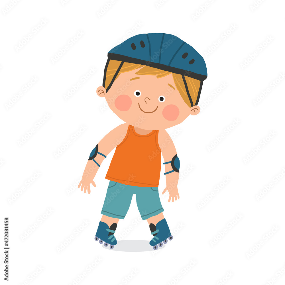 Cute boy roller skating with inline skates. Children activities. Cartoon vector hand drawn eps 10 illustration isolated on white in a flat style. Cute boy roller skating with inline skates. Children activities. Cartoon vector hand drawn eps 10 illustration isolated on white in a flat style.