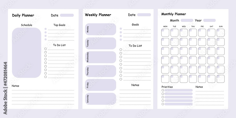 Modern collection of daily weekly monthly planner printable template with blue ellements. Collection of note paper, to do list, stickers templates. Blank white notebook page A4 Modern collection of daily weekly monthly planner printable template with blue ellements. Collection of note paper, to do list, stickers templates. Blank white notebook page A4