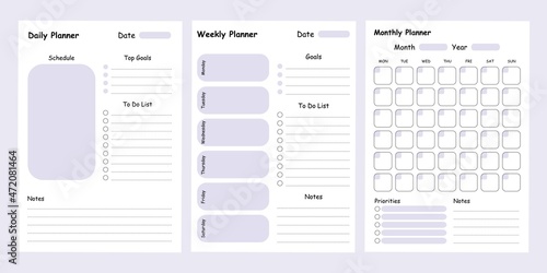 Modern collection of daily weekly monthly planner printable template with blue ellements. Collection of note paper, to do list, stickers templates. Blank white notebook page A4