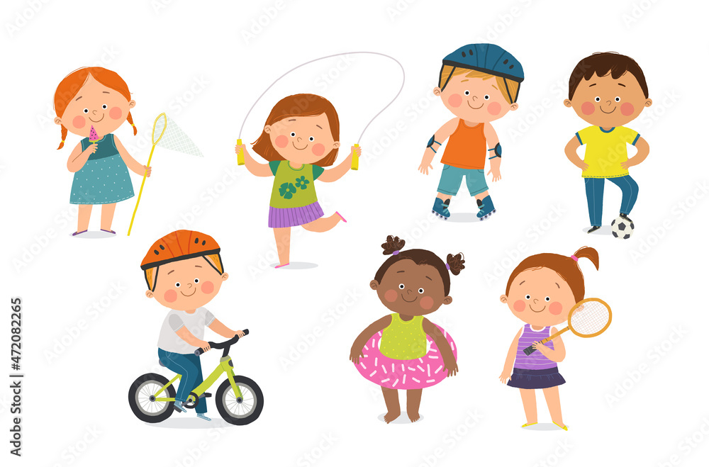 Cute children doing outdoor summer activities. Cartoon hand drawn10 illustration isolated on white in a flat style. Cute children doing outdoor summer activities. Cartoon hand drawn10 illustration isolated on white in a flat style.