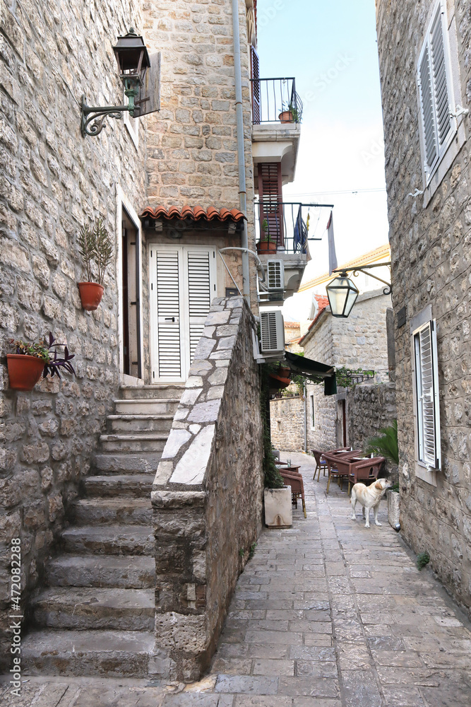 Narrow street of Old Town in Budva, Montenegro