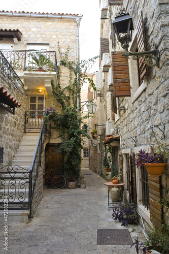 Narrow street of Old Town in Budva  Montenegro