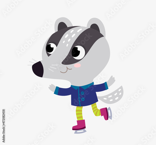 A cute little badger wearing a fancy clothes jacket and pants skating on a frozen river. The badger is having fun at the rink. Childish character illustration