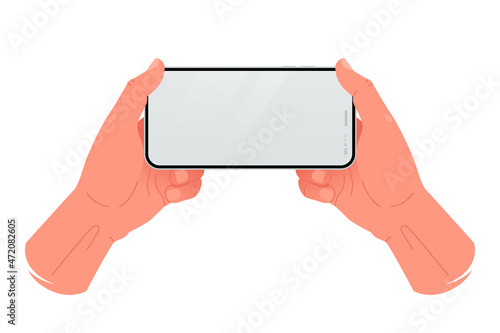 Male hands hold a smartphone in a horizontal position. Taking photo on mobile phone. Smartphone mockup with blank screen. Isolated on white background. Vector illustration in flat style.