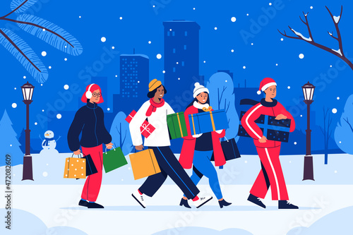 Happy people with gifts and bags walk along the snowy street. Men and women buying gifts at Christmas sale. Shopping on winter holidays. Cityscape background. Vector illustration.
