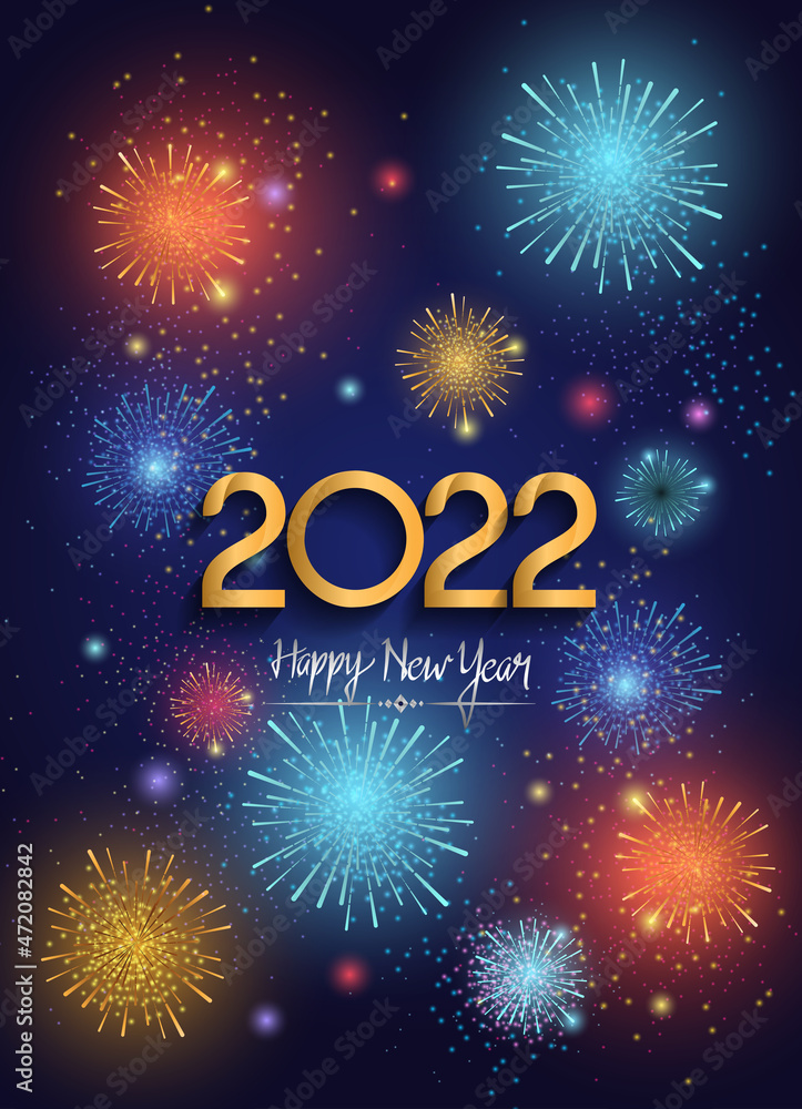 happy new year 2022 golden number with colorful fireworks isolated blue background