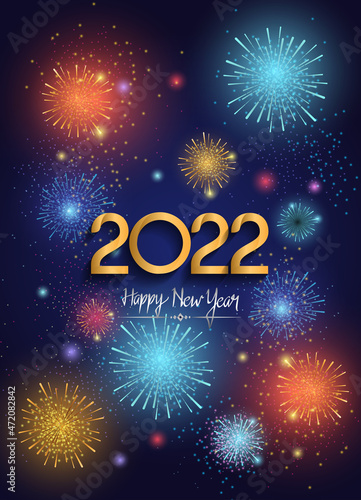 happy new year 2022 golden number with colorful fireworks isolated blue background
