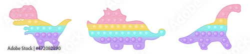 Set of dinosaur forms pop it a trendy pastel rainbow fidget toys. Addictive anti stress toy in pastel colors. Bubble sensory fashionable popit for kids. Vector illustration isolated on a white.