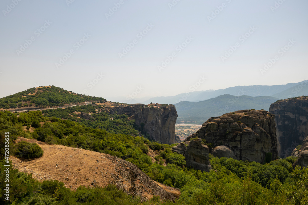 Monasteries of Meteora in Kalampaka, Thessaly (Central Greece) buildings on top of giant rock formations  