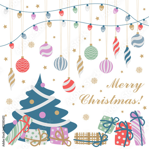 Vector greeting card in pastel colors. Multicolored Christmas balls, garland with light bulbs, gift boxes and inscription isolated on white background.