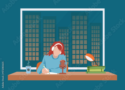 Home recording studio concept, cute girl at desk leads podcast with coffee. Microphone. Night. A student or freelancer. Woman wearing headphones with pen in hand. Flat style vector illustration.