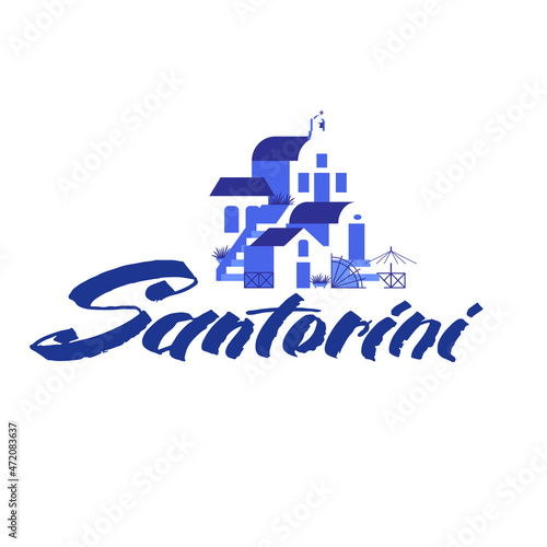 Santorini city name and city sights in blue-white color. Hand drawn lettering and vector illustration in flat style for touristic industry