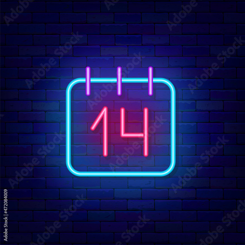 Calendar with date 14 neon icon. Happy Valentines Day. Outer glowing effect sign. Isolated vector illustration