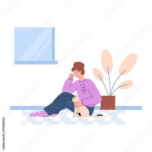 Sad and unhappy woman sits on the floor with cat and cries, flat vector illustration isolated on white background.
