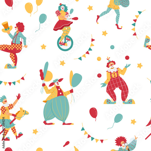Funny seamless pattern with clowns in the circus, cartoon flat vector illustration.