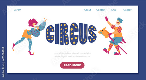 Funny clowns on hobby horse blowing up soap bubbles, landing page template flat vector illustration.