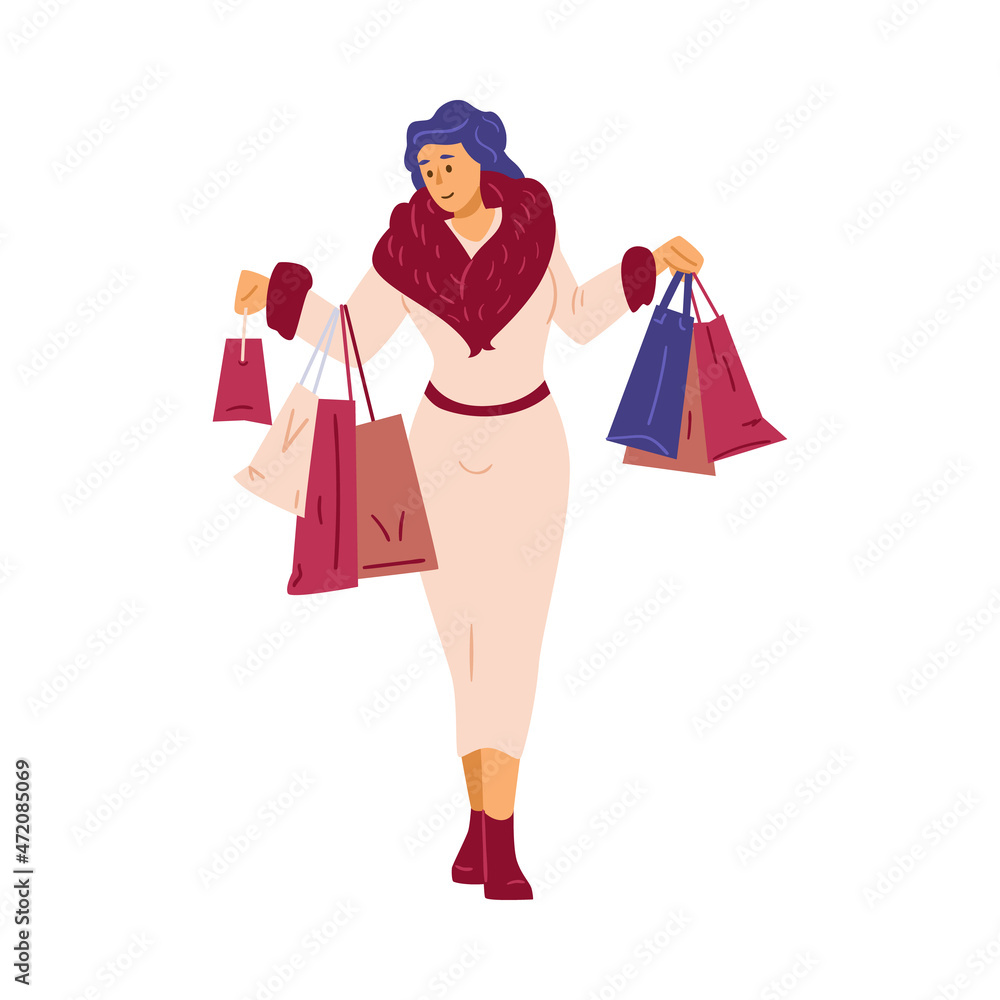 Rich and wealthy woman in luxury clothes, flat vector illustration isolated.