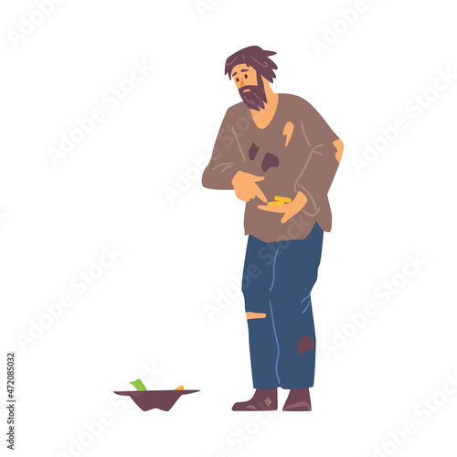 Homeless and jobless beggar male character, flat vector illustration isolated.