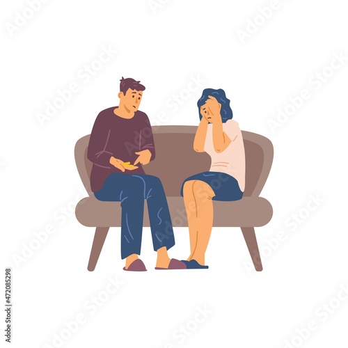 Poor couple upset by lack of money flat cartoon vector illustration isolated.