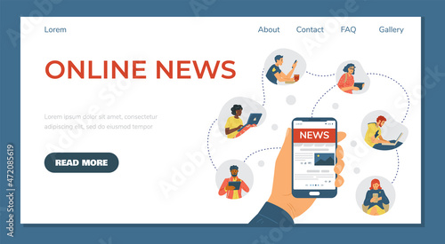 Online news channel website banner interface with characters vector illustration.