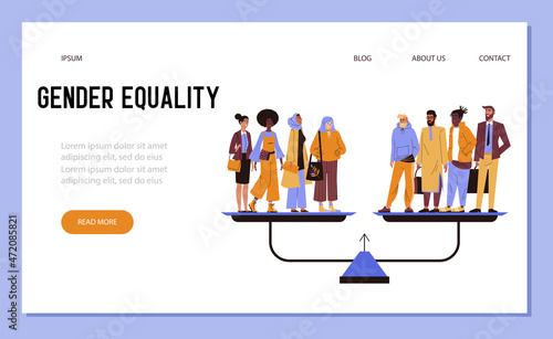 Gender equality website with men and women on scales, flat vector illustration. © Kudryavtsev
