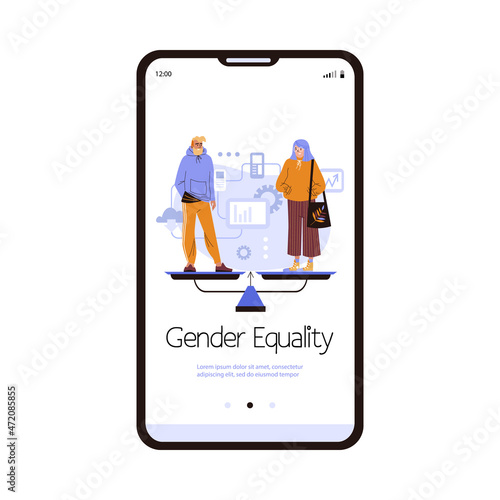 Gender equality onboarding screen for mobile app, flat vector illustration.