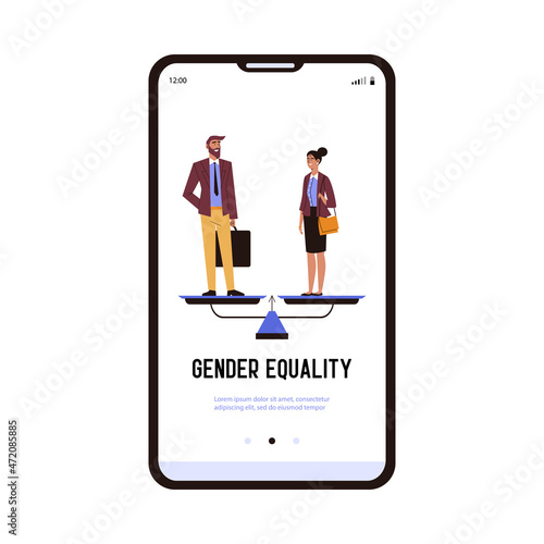 Gender equality in profession and business app screen, flat vector illustration.