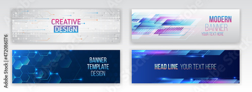 Abstract social media cover design. Horizontal header web background. High tech design with technological elements. Science and digital technology concept. Set of modern banner templates for websites.