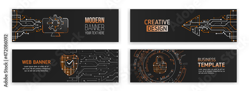 Set of modern banner templates for websites. Abstract social media cover design. Web hosting. Cloud computing. High tech design with technological elements. Science and digital technology concept.