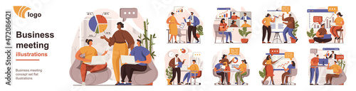 Business meeting concept isolated person situations. Collection of scenes with people employees discuss, make reports, brainstorm, management, teamwork. Mega set. Vector illustration in flat design