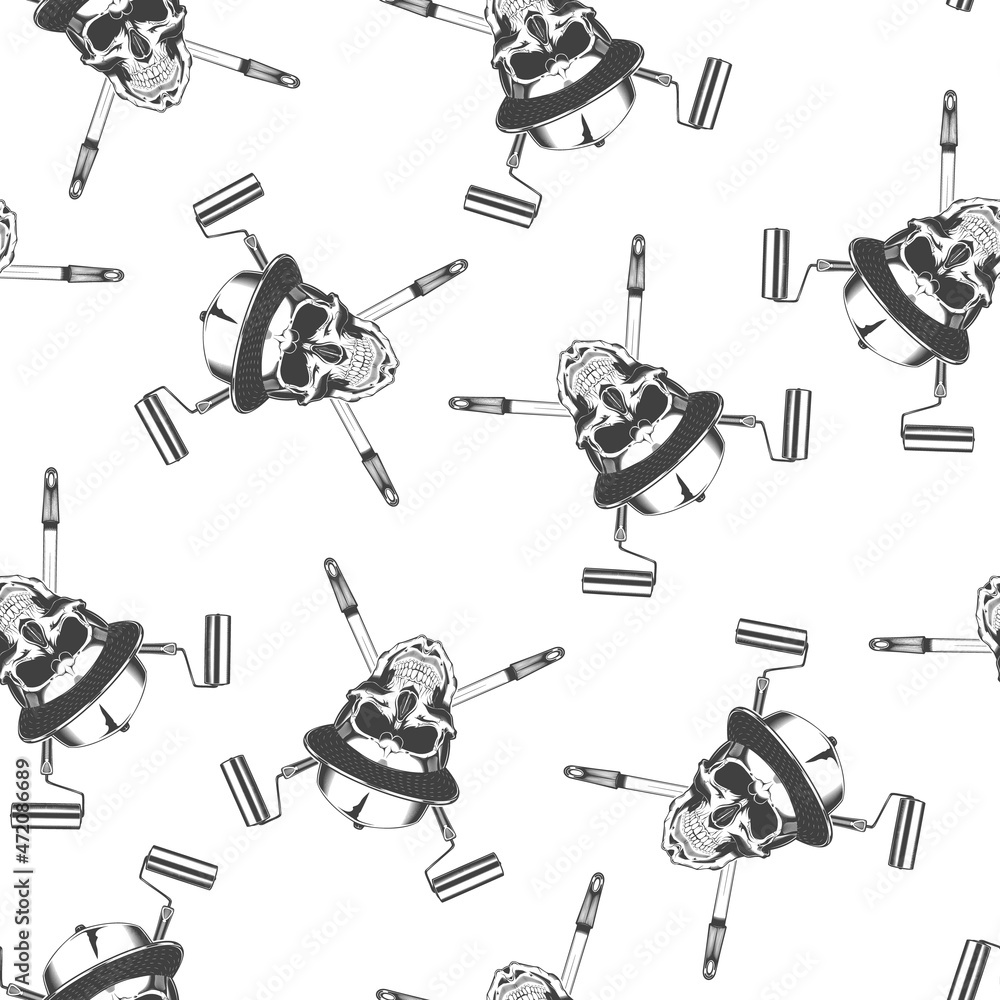 Obraz premium Seamless pattern of vintage monochrome skull with baseball cap and crossed paint roller. Vector illustration