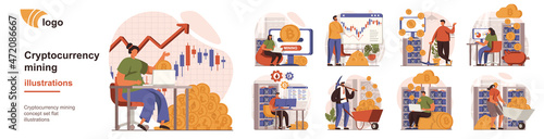 Cryptocurrency mining concept isolated person situations. Collection of scenes with people sell and buy bitcoins, analyze finance data, increase income. Mega set. Vector illustration in flat design
