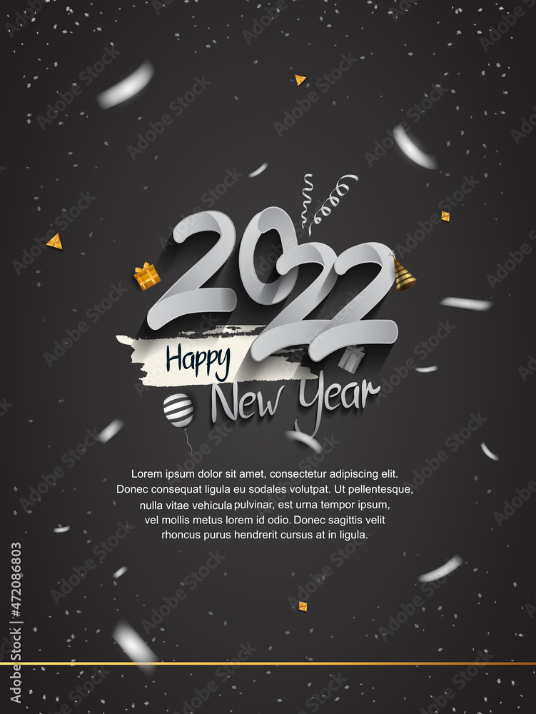 Fototapeta premium happy new year 2022 silver number with confetti isolated black background
