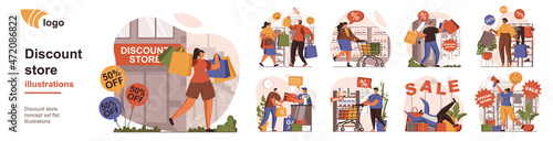 Discount store concept isolated person situations. Collection of scenes with people make bargains at special prices at sales in stores and supermarkets. Mega set. Vector illustration in flat design